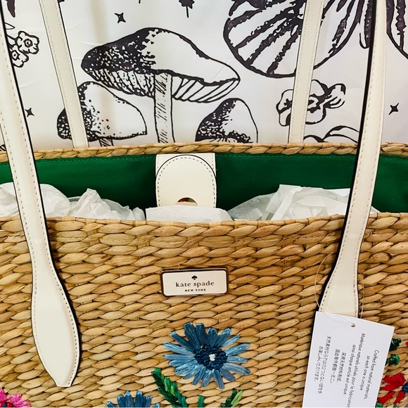• NWT KATE SPADE OTHER GARDEN BOUQUET STRAW TOTE LARGE GREEN YELLOW MULTI - Picture 6 of 10
